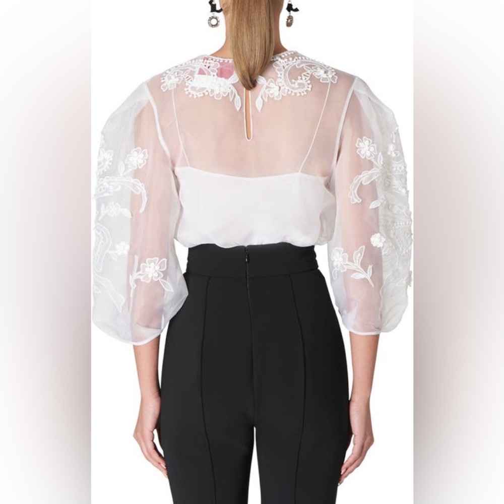 NWT $1890 Carolina Herrera Embroidered Puff Sleeve Silk Organza Blouse, White, 4 - Picture 3 of 6